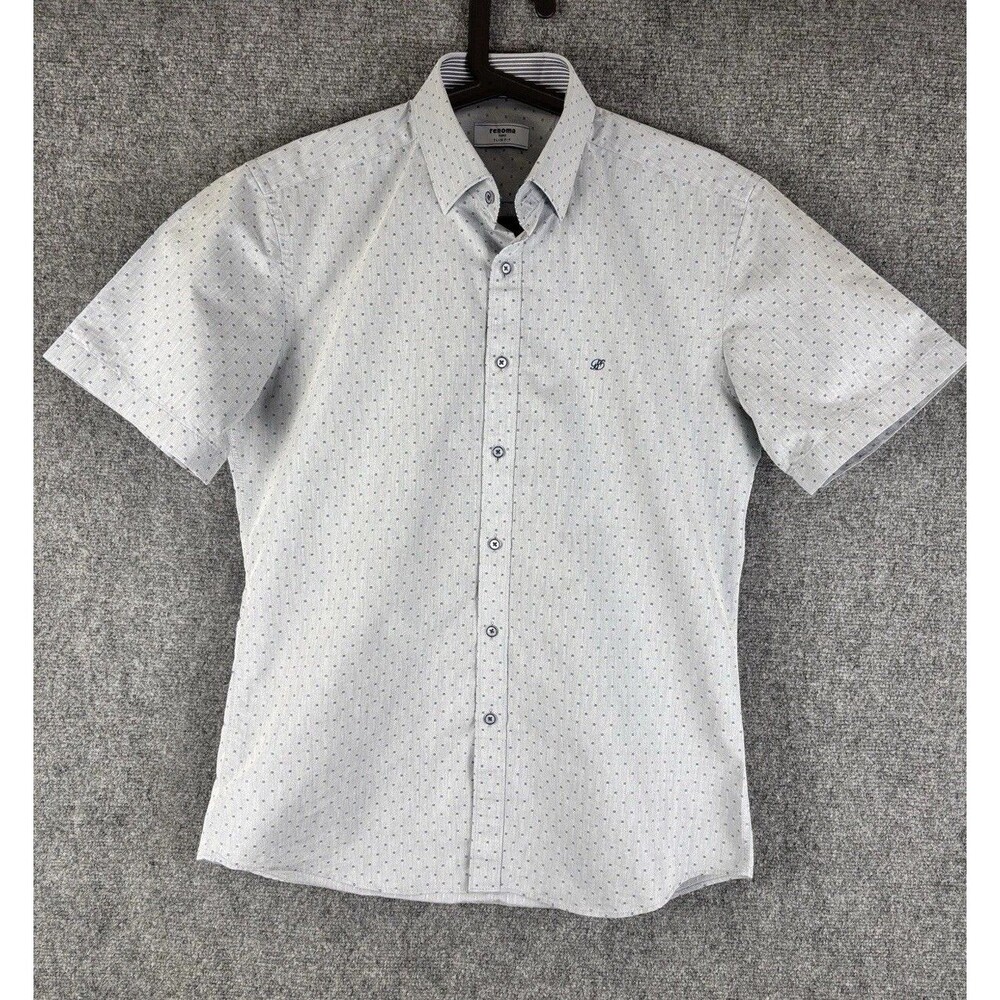 Renoma Paris Mens 100 M Slim Fit Blue Dot Short Sleeve Shirt 65% Cotton